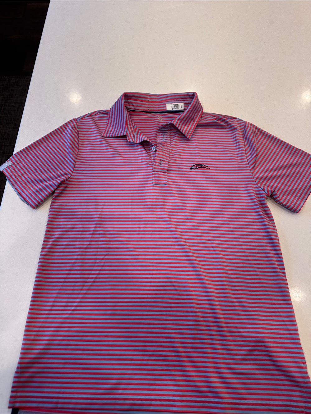 RLX Ralph Lauren Men's Pink & Blue Striped Performance Polo see measurements